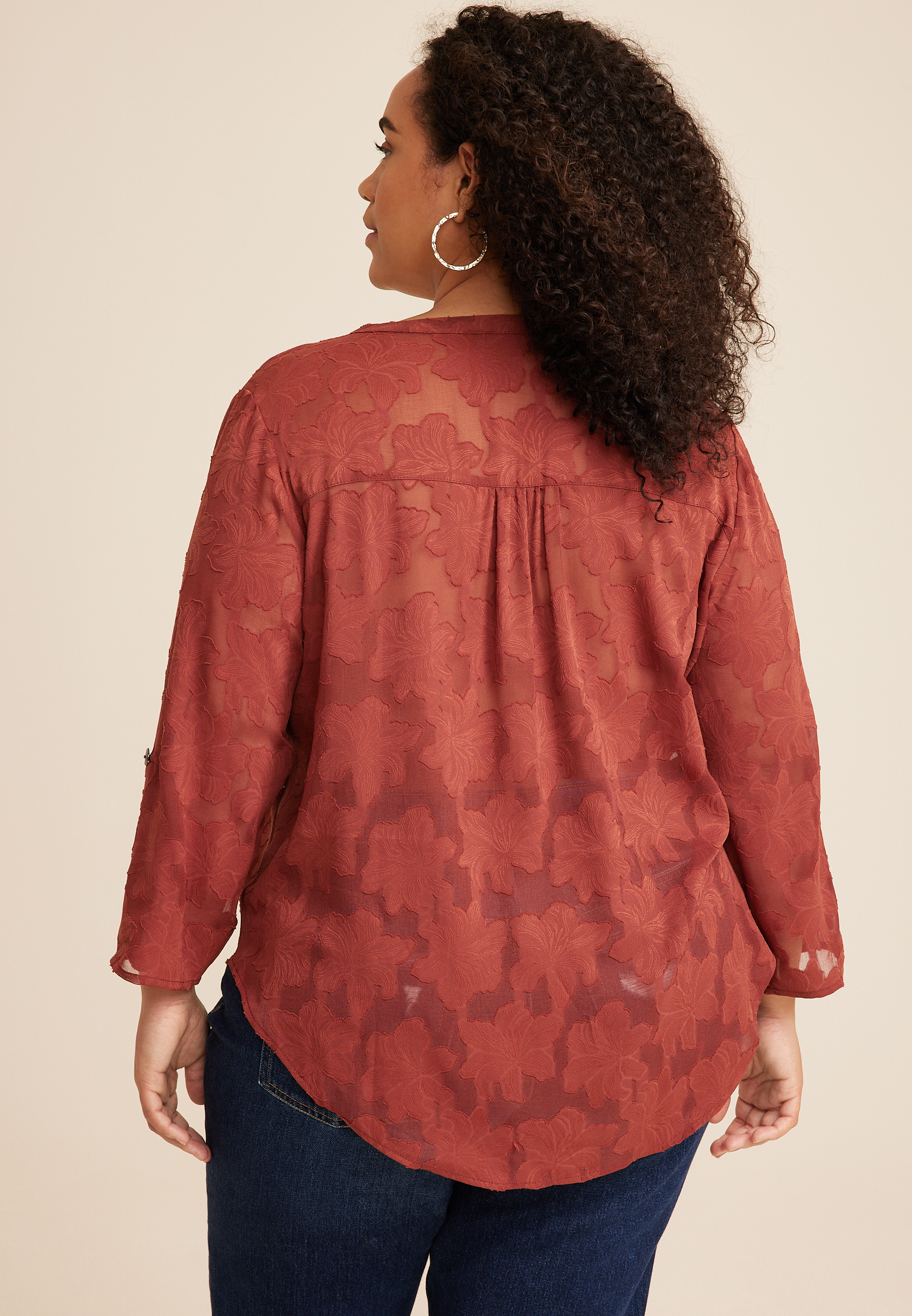 Plus Size Atwood Floral Jacquard 3/4 Sleeve Popover Blouse, C5550, large