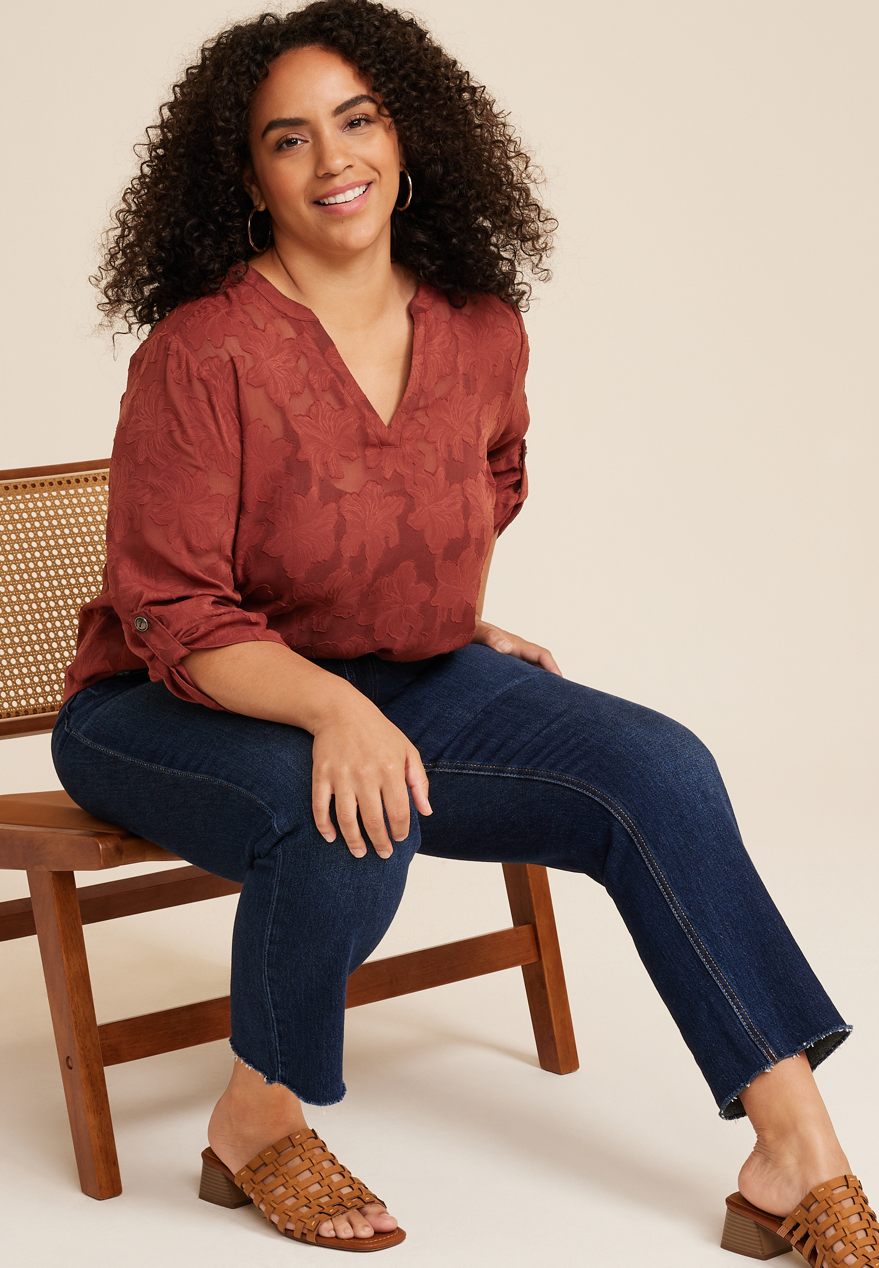Plus Size Atwood Floral Jacquard 3/4 Sleeve Popover Blouse, C5550, large
