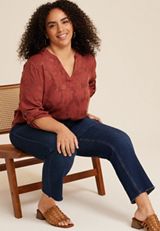 Plus Size Atwood Floral Jacquard 3/4 Sleeve Popover Blouse, C5550, small