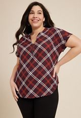 Plus Size Geneva Windowpane Zipper Neck Blouse, C9153, small