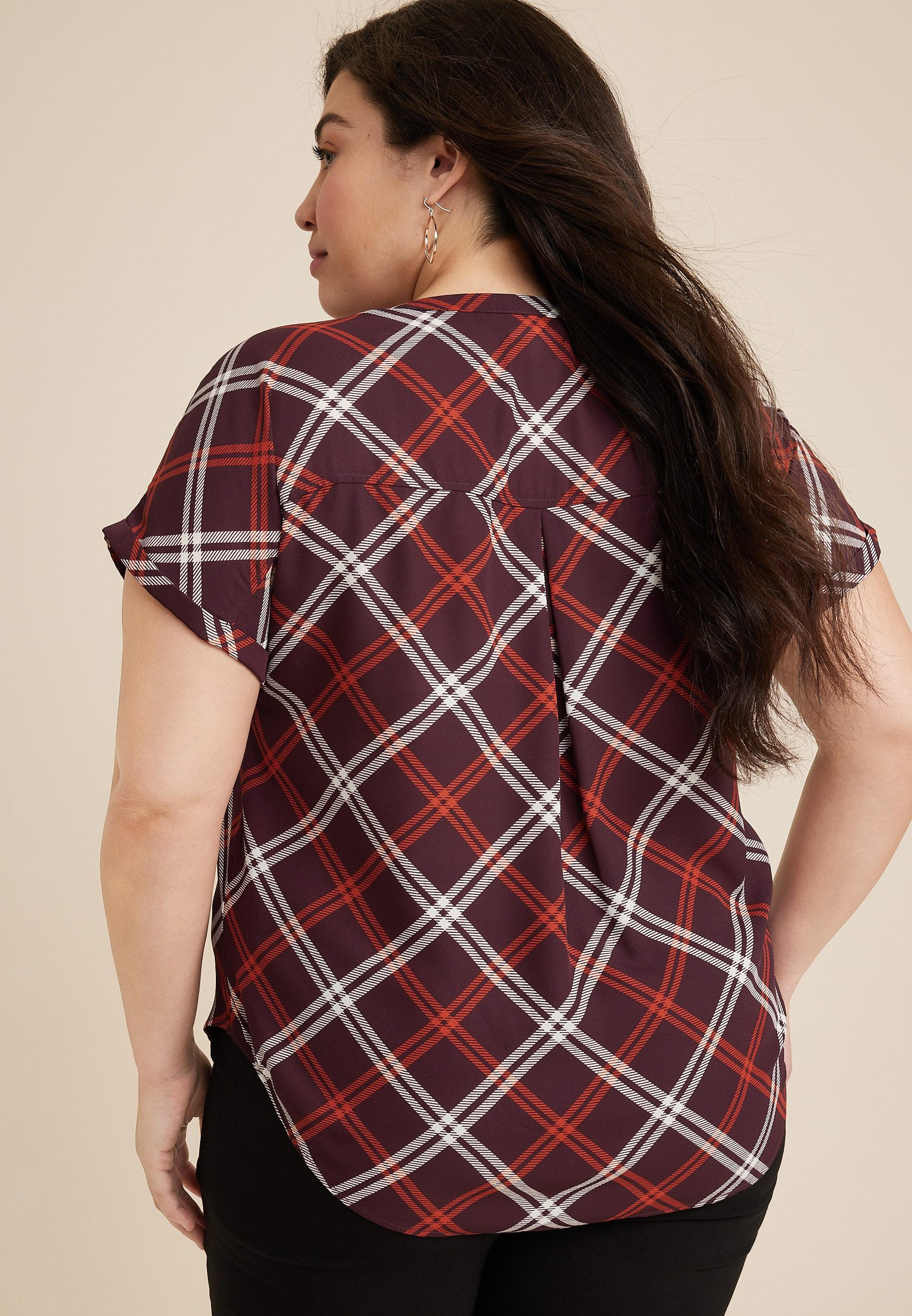 Plus Size Geneva Windowpane Zipper Neck Blouse, C9153, large