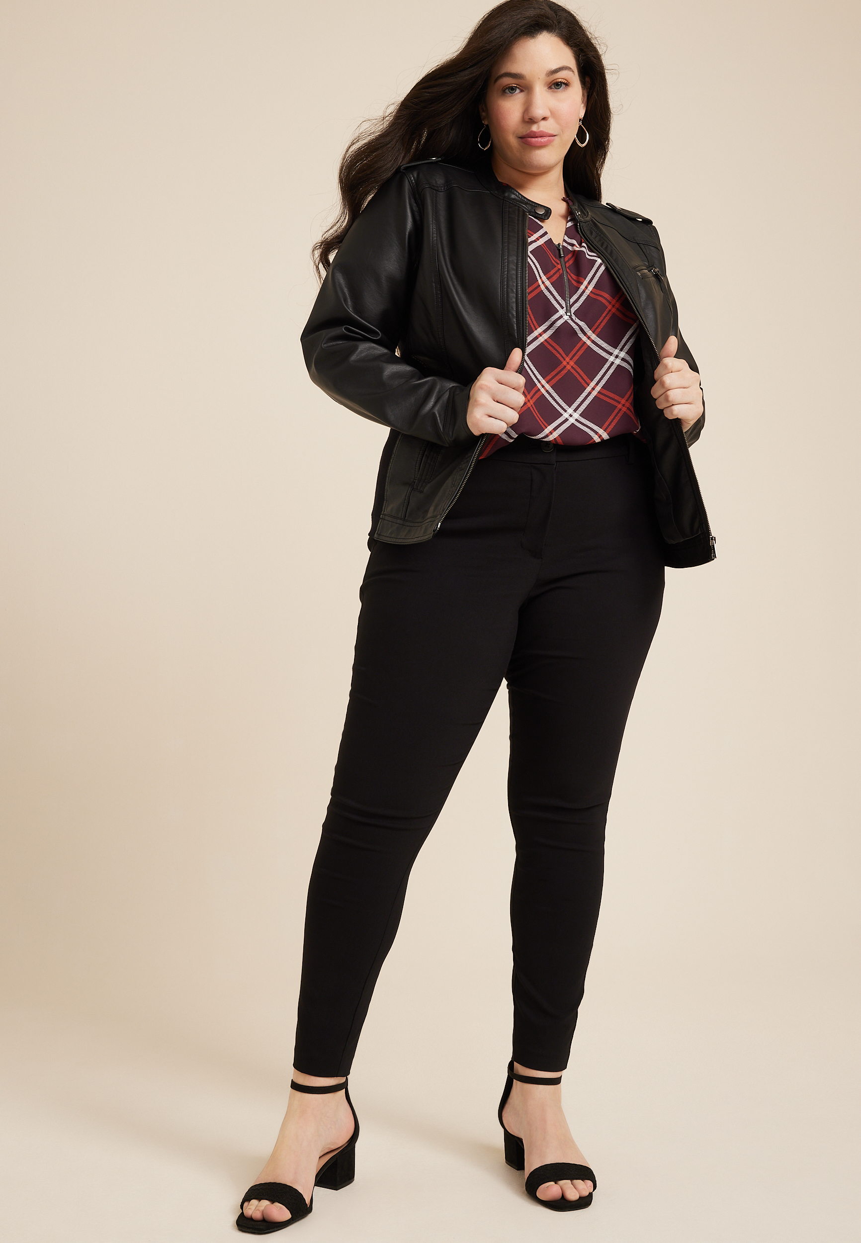 Plus Size Geneva Windowpane Zipper Neck Blouse, C9153, large