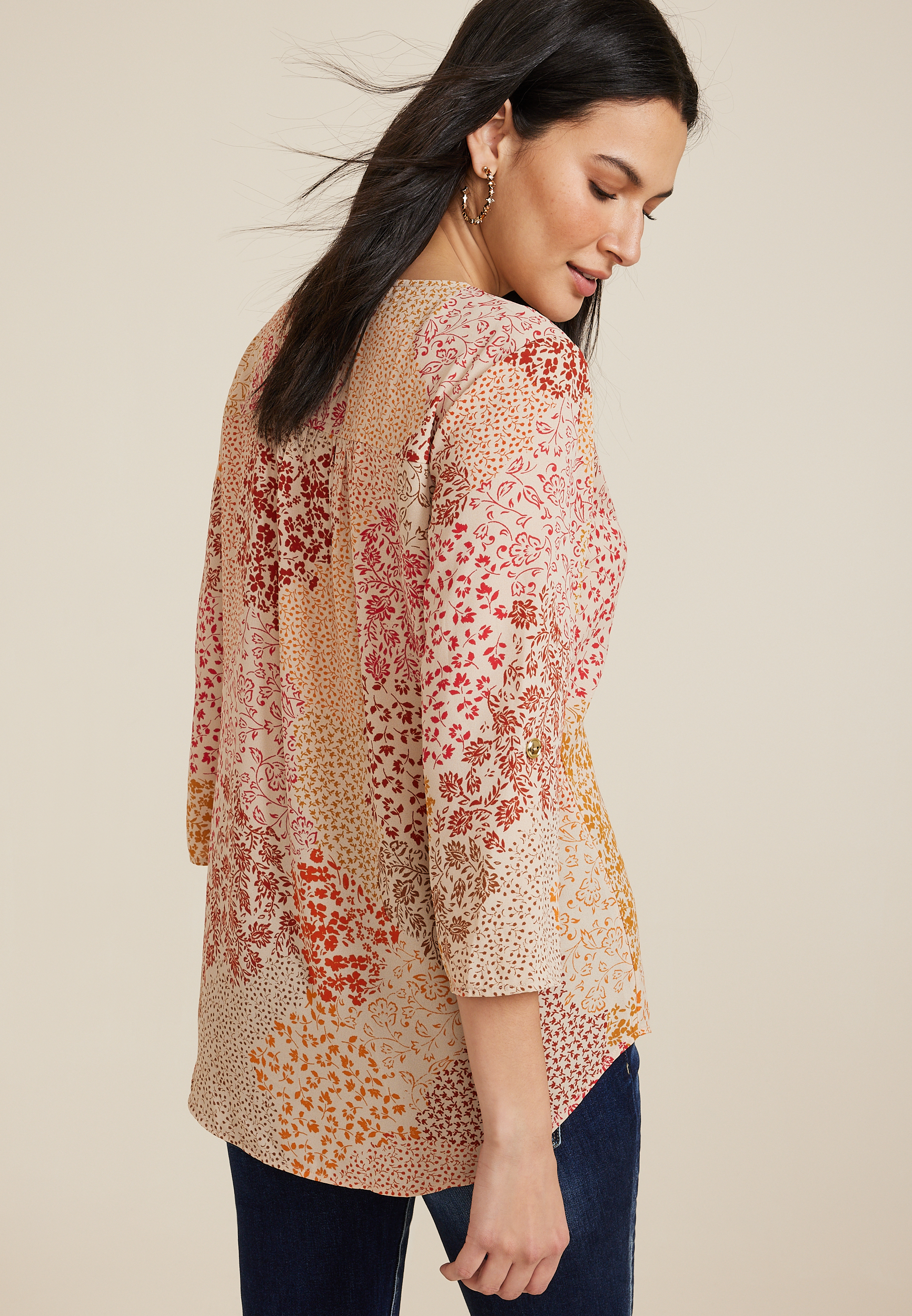 Geneva Ditsy Floral Patchwork Tunic Blouse, C3163, large