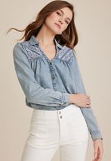 Chambray Crochet Yoke Button Down Blouse, CHAMBRAY, small