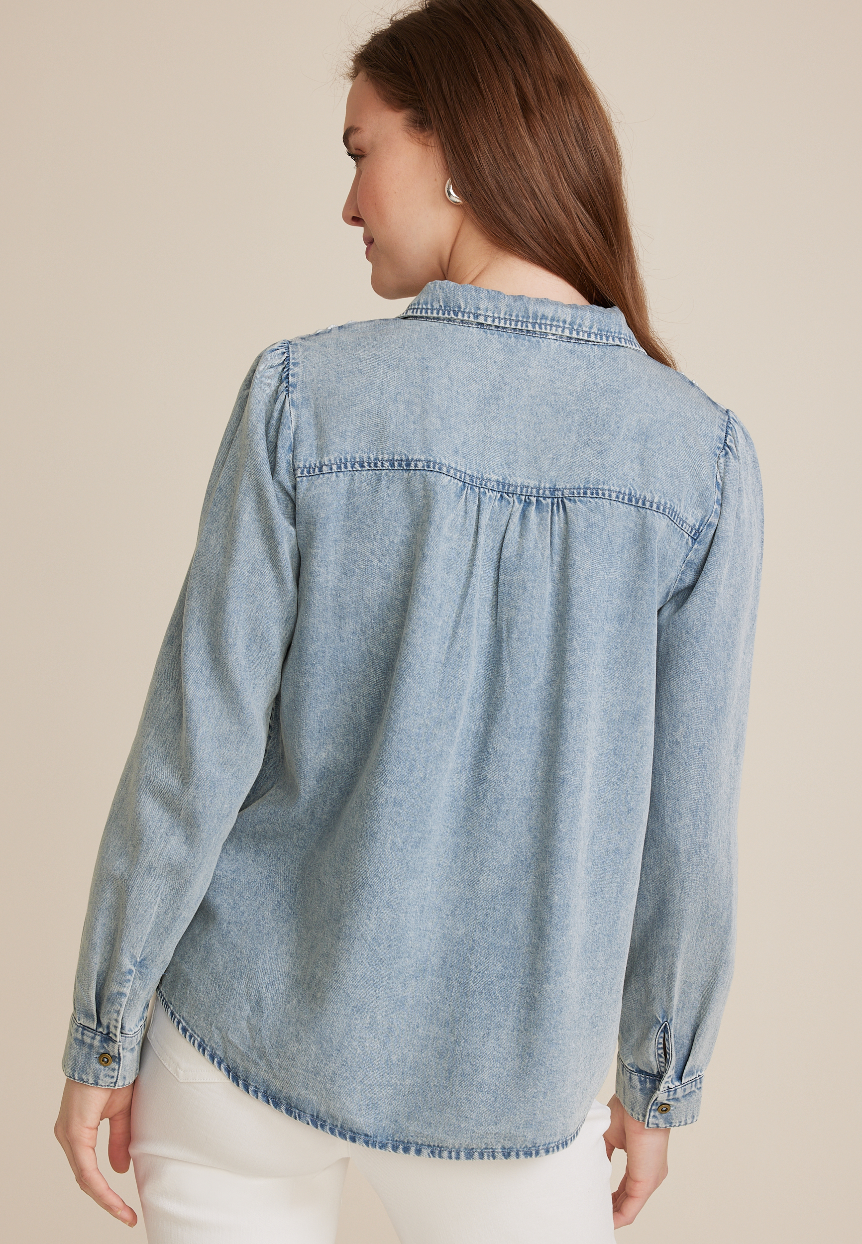 Chambray Crochet Yoke Button Down Blouse, CHAMBRAY, large