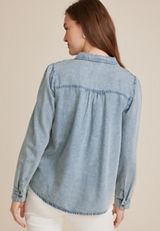 Chambray Crochet Yoke Button Down Blouse, CHAMBRAY, small
