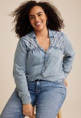 Plus Size Chambray Crochet Yoke Button Down Blouse, C122, small