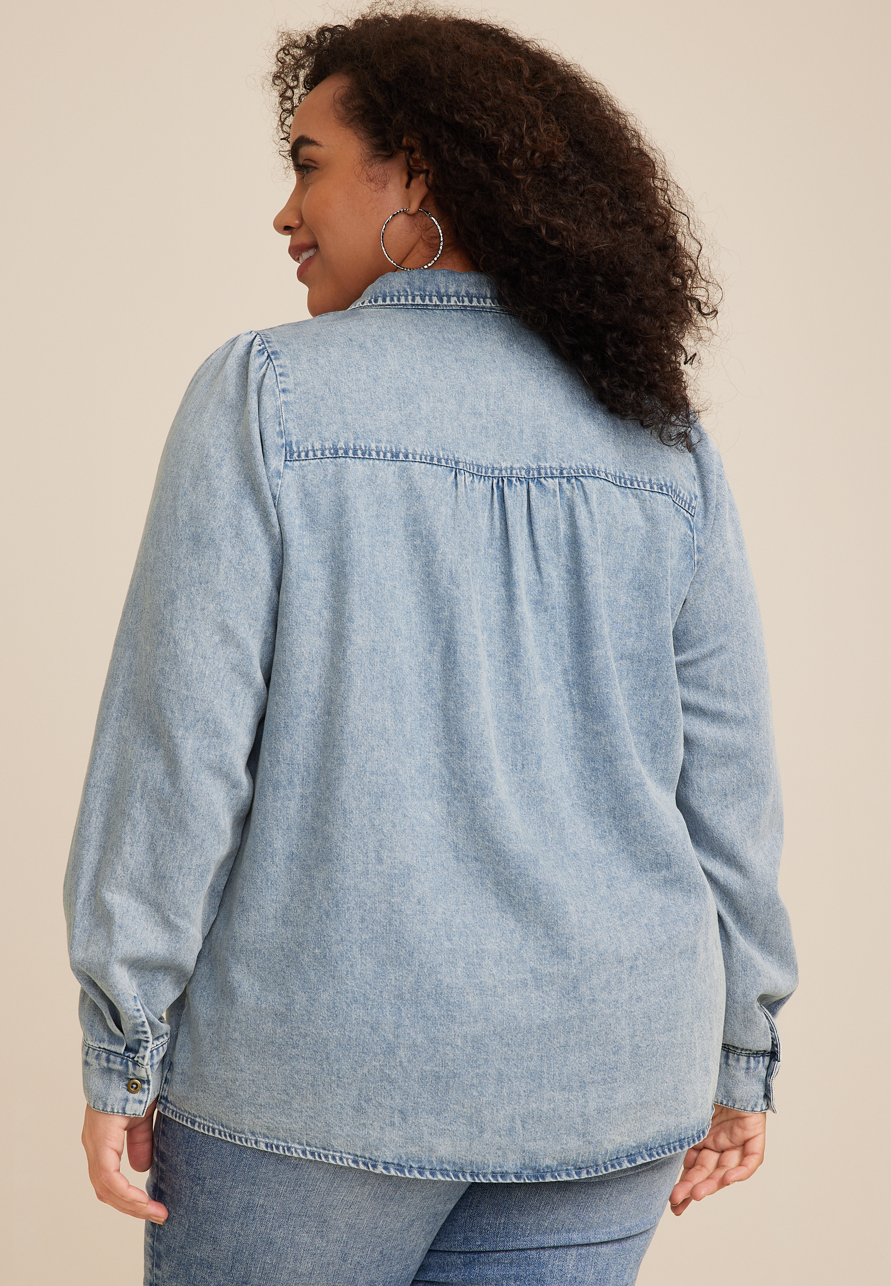 Plus Size Chambray Crochet Yoke Button Down Blouse, C122, large