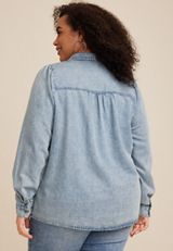 Plus Size Chambray Crochet Yoke Button Down Blouse, C122, small