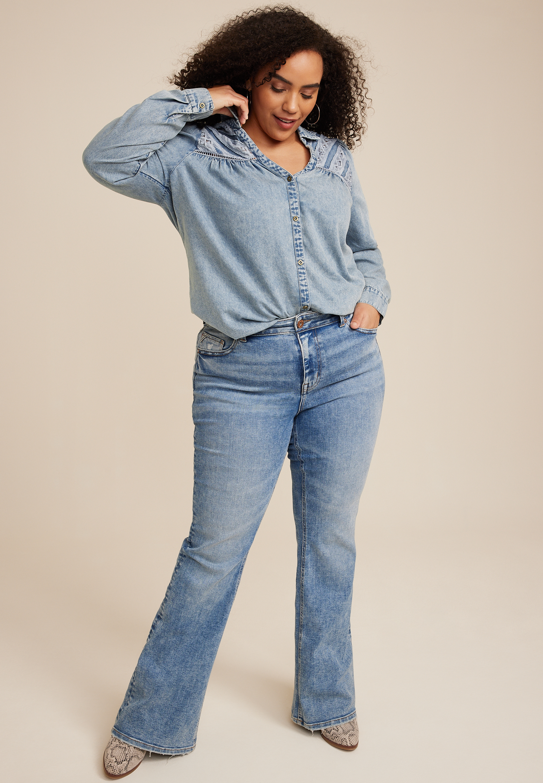 Plus Size Chambray Crochet Yoke Button Down Blouse, C122, large