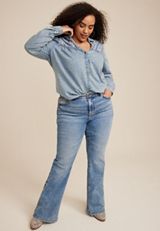 Plus Size Chambray Crochet Yoke Button Down Blouse, C122, small