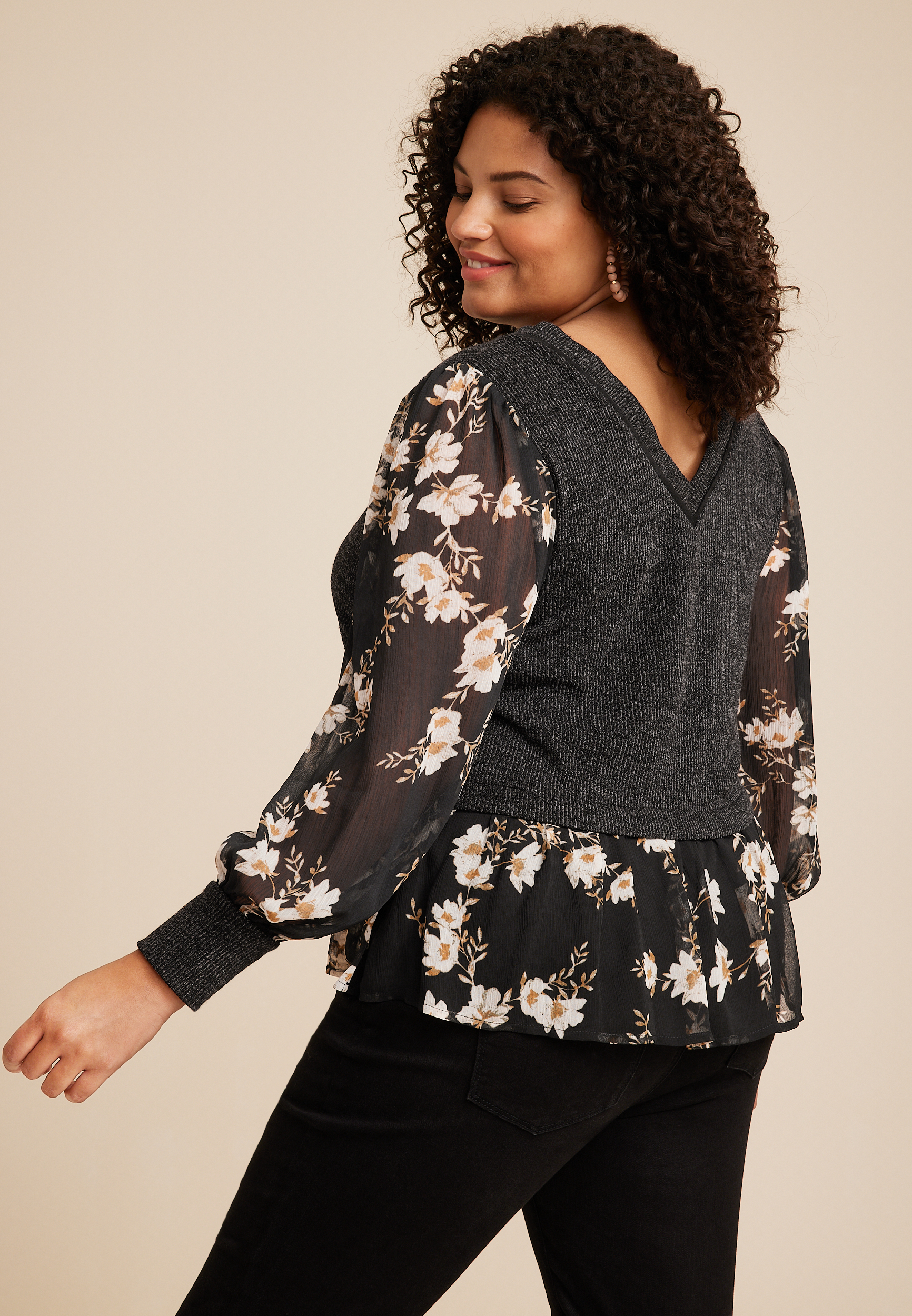 Plus Size Knit Floral Layered Blouse, C2910, large