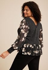 Plus Size Knit Floral Layered Blouse, C2910, small