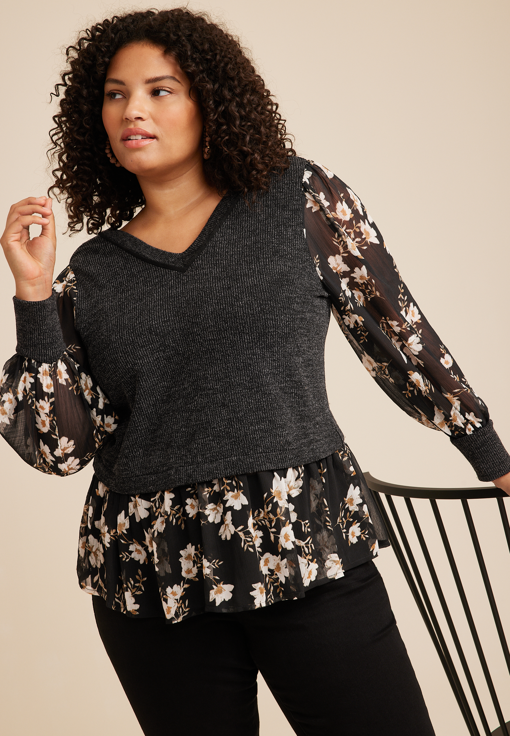 Plus Size Knit Floral Layered Blouse, C2910, large