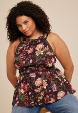 Plus Size Floral High Neck Peplum Tank, C9153, small
