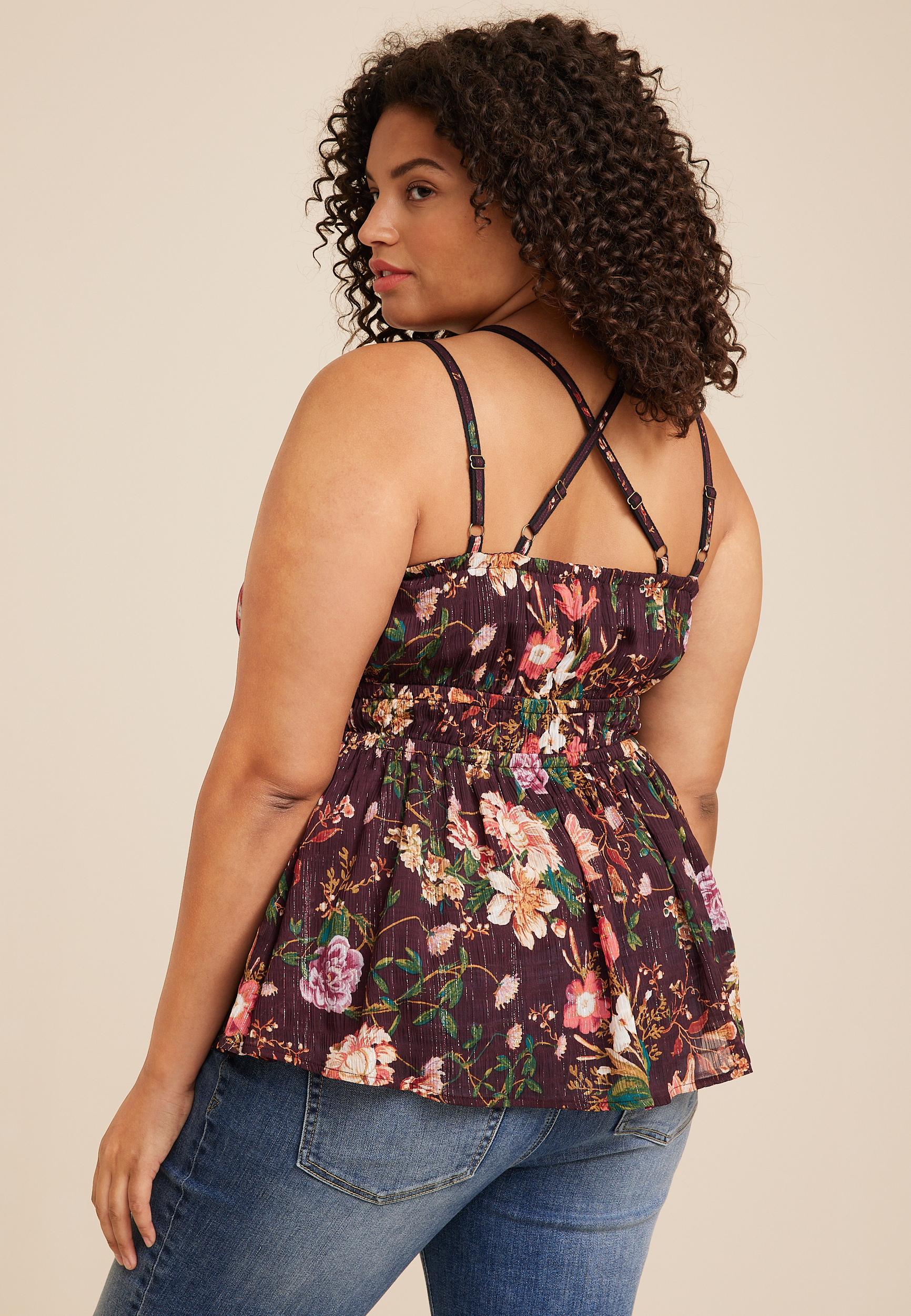 Plus Size Floral High Neck Peplum Tank, C9153, large