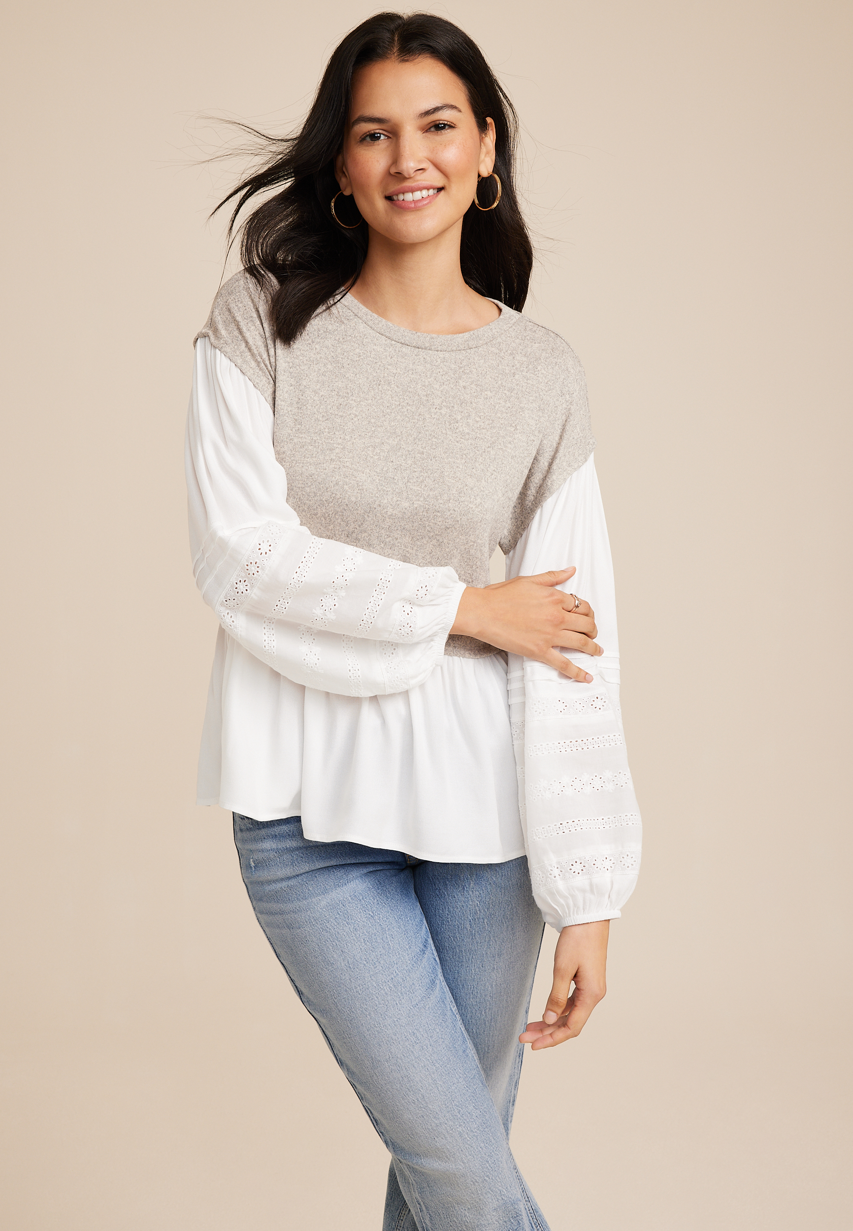 Embroidered Eyelet Sleeve Layered Blouse | maurices