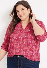 Plus Size Atwood Floral 3/4 Sleeve Popover Blouse, C9180, small