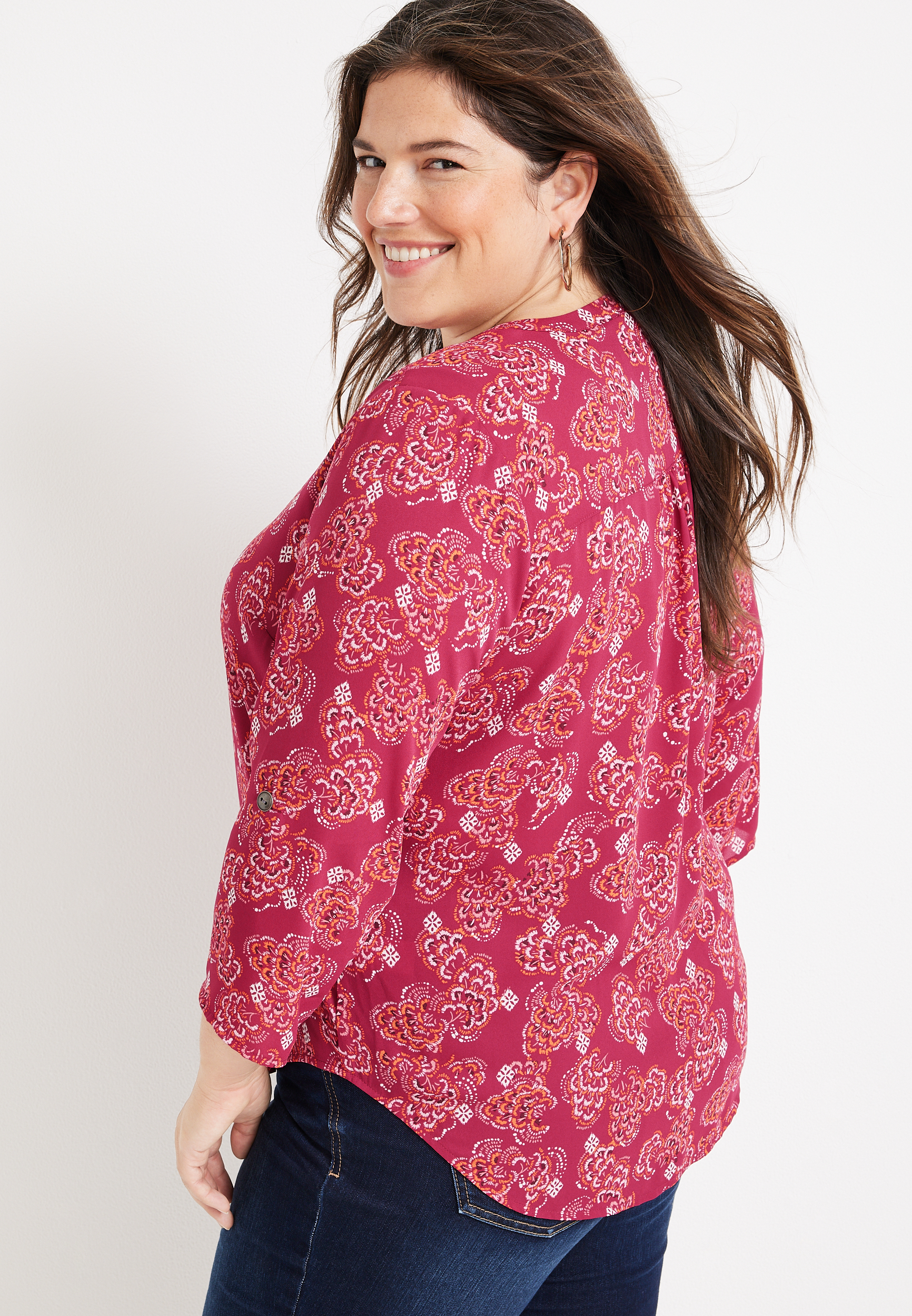Plus Size Atwood Floral 3/4 Sleeve Popover Blouse, C9180, large