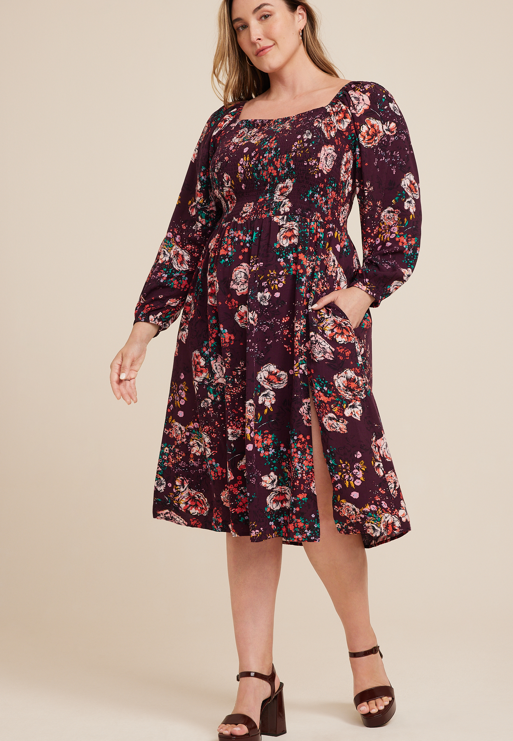 Floral Plisse Twist Front Midi Dress