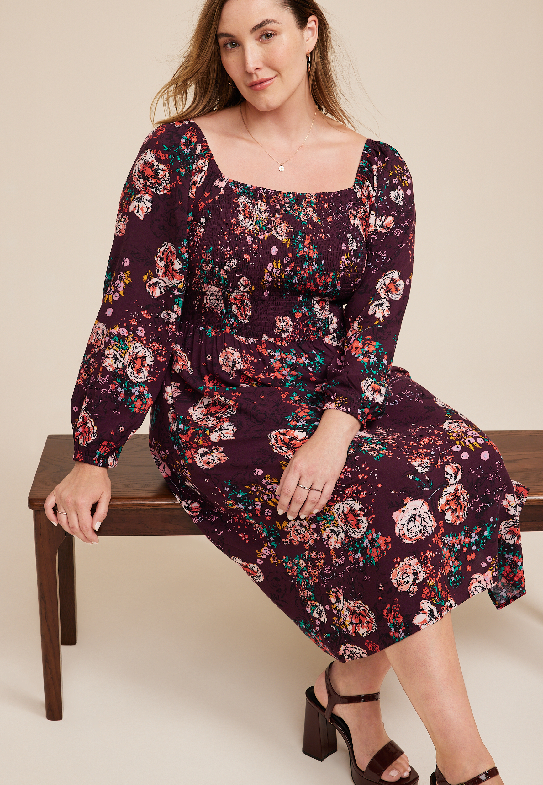 Plus Size Floral Smocked Midi Dress, C9153, large