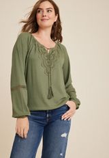 Crochet Yoke Trim Knit Blouse, C186, small