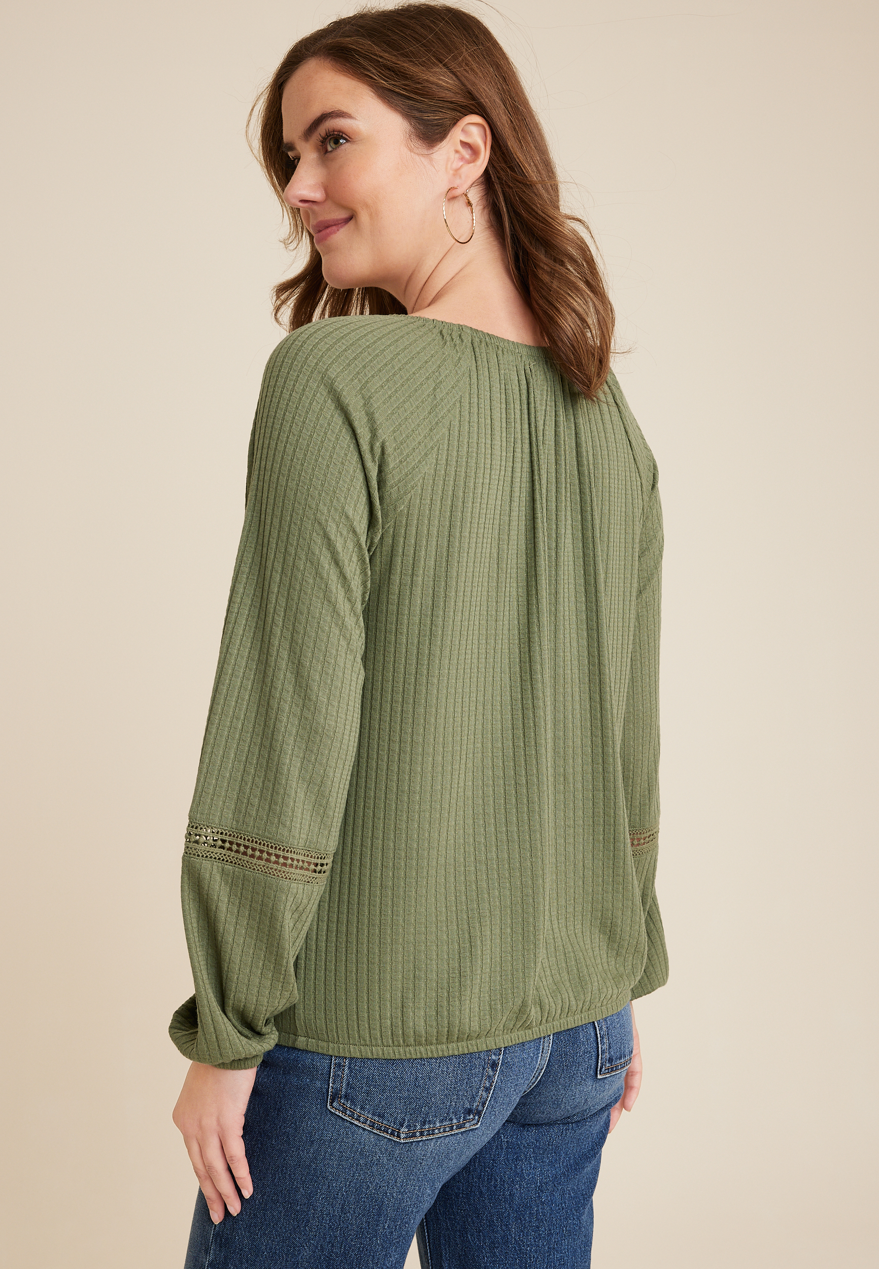 Crochet Yoke Trim Knit Blouse, C186, large