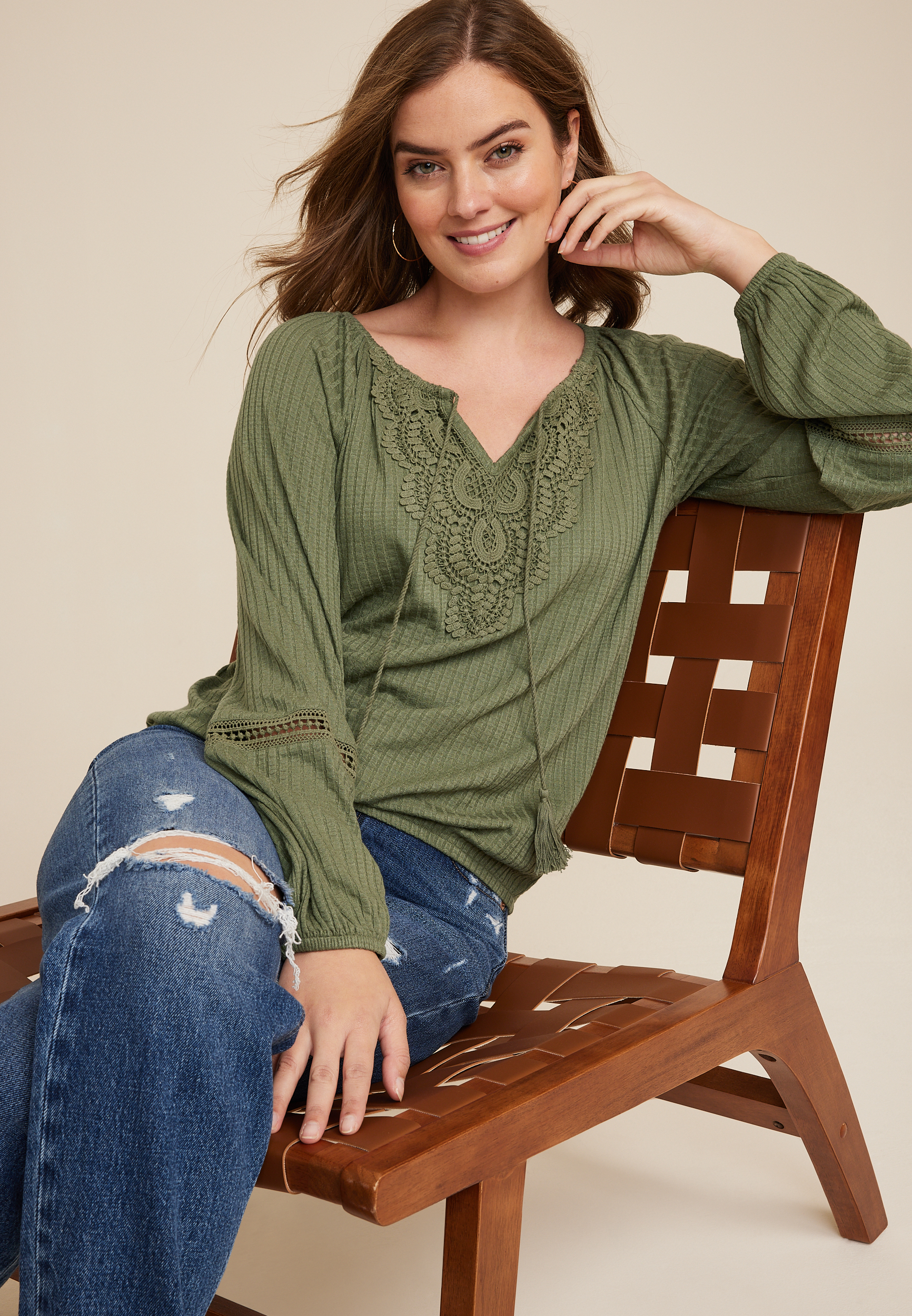 Crochet Yoke Trim Knit Blouse, C186, large