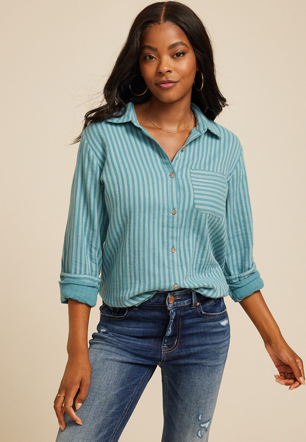 Teal Striped Double Cloth Button Down Shirt | maurices