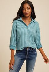 Teal Striped Double Cloth Button Down Shirt, C5533, small