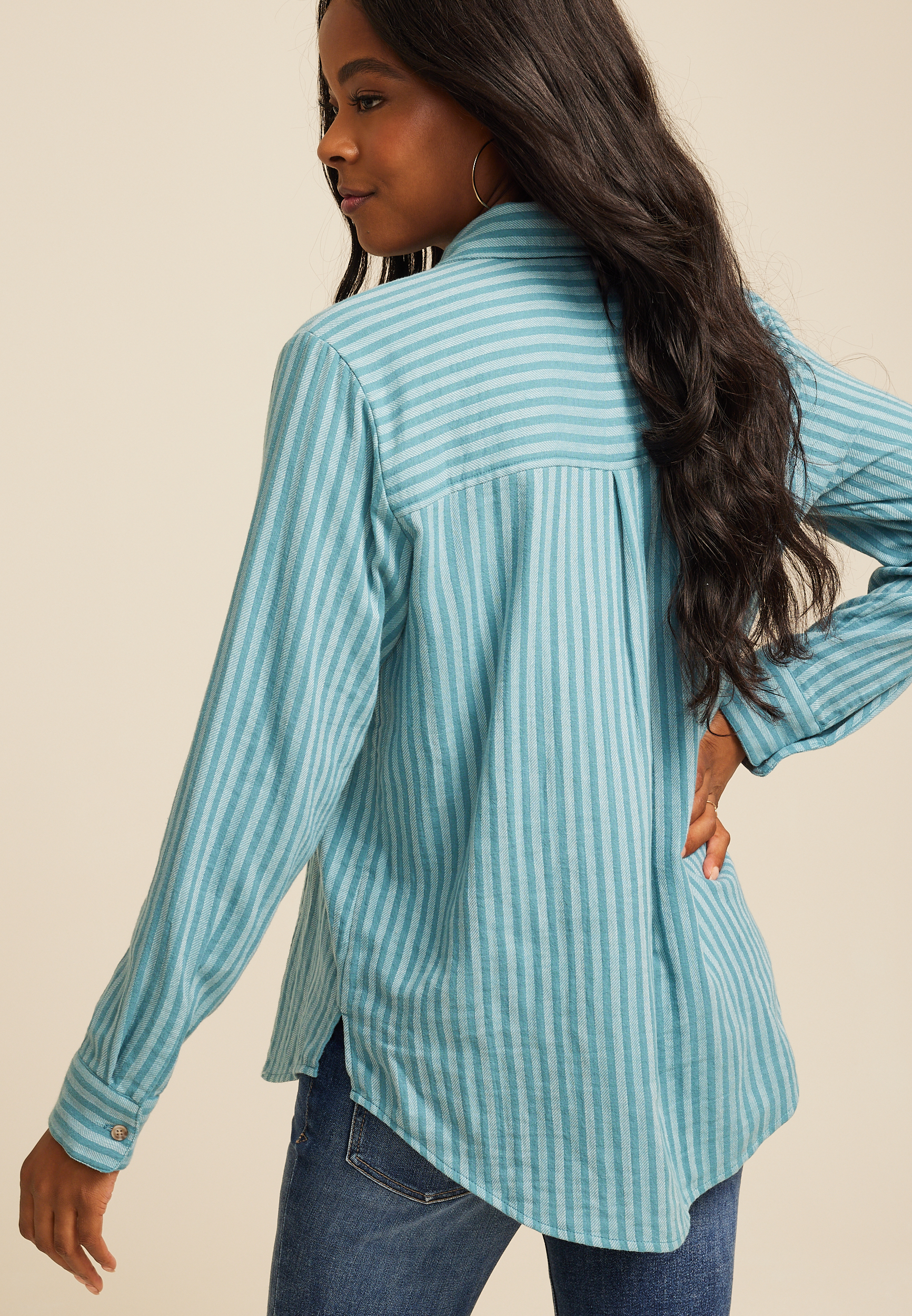 Teal Striped Double Cloth Button Down Shirt, C5533, large