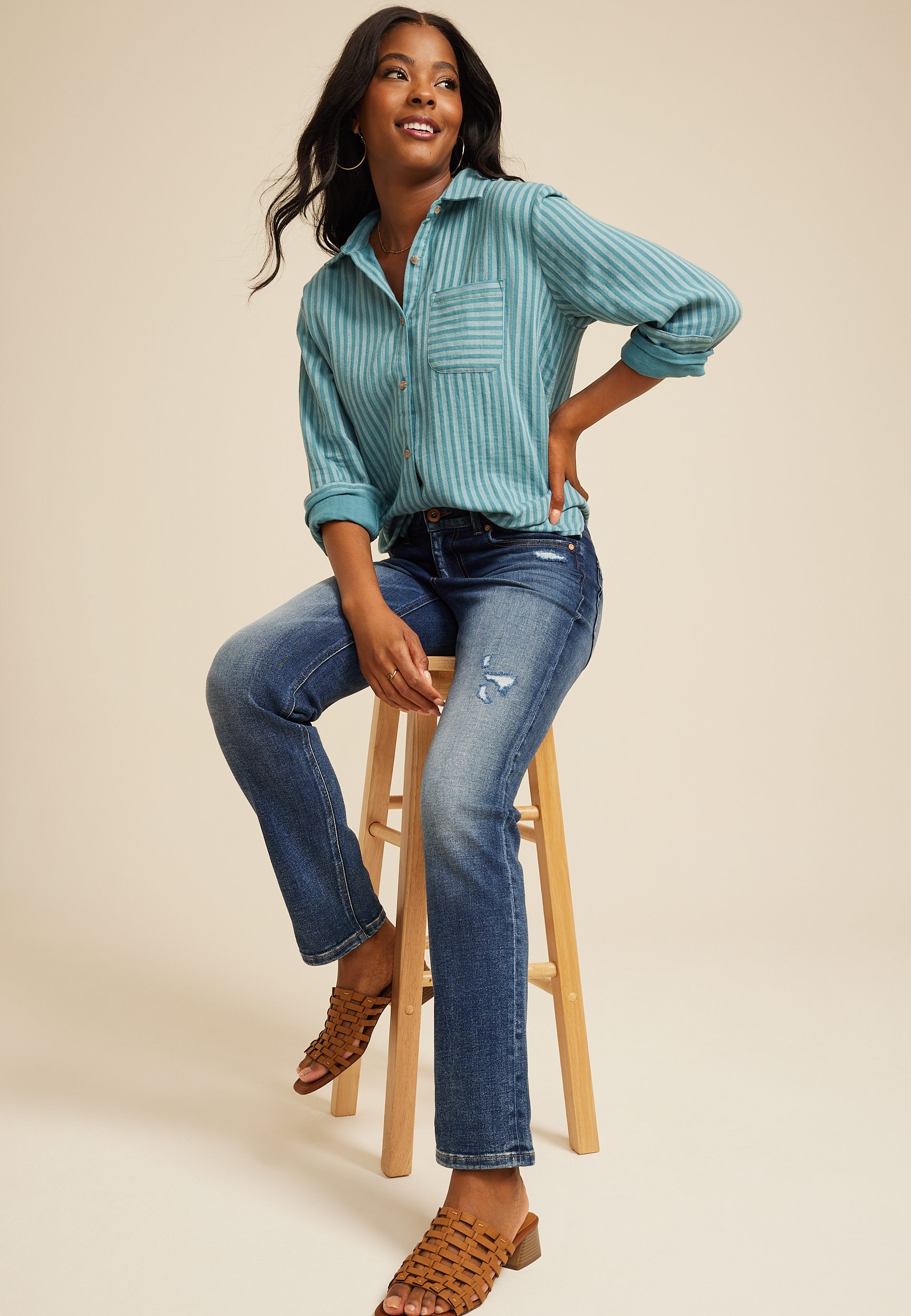 Teal Striped Double Cloth Button Down Shirt, C5533, large