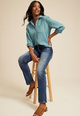 Teal Striped Double Cloth Button Down Shirt, C5533, small