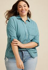 Plus Size Teal Striped Double Cloth Button Down Shirt, C5533, small