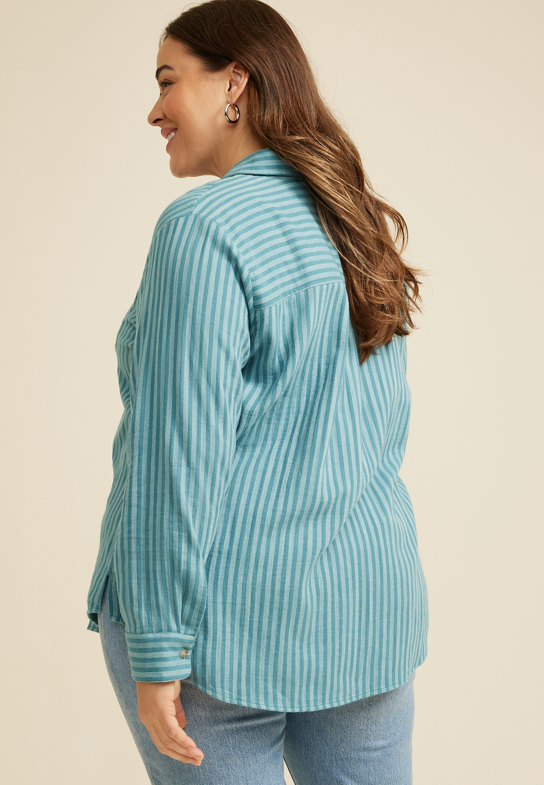Plus Size Teal Striped Double Cloth Button Down Shirt, C5533, large