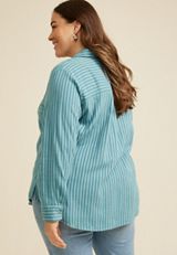 Plus Size Teal Striped Double Cloth Button Down Shirt, C5533, small