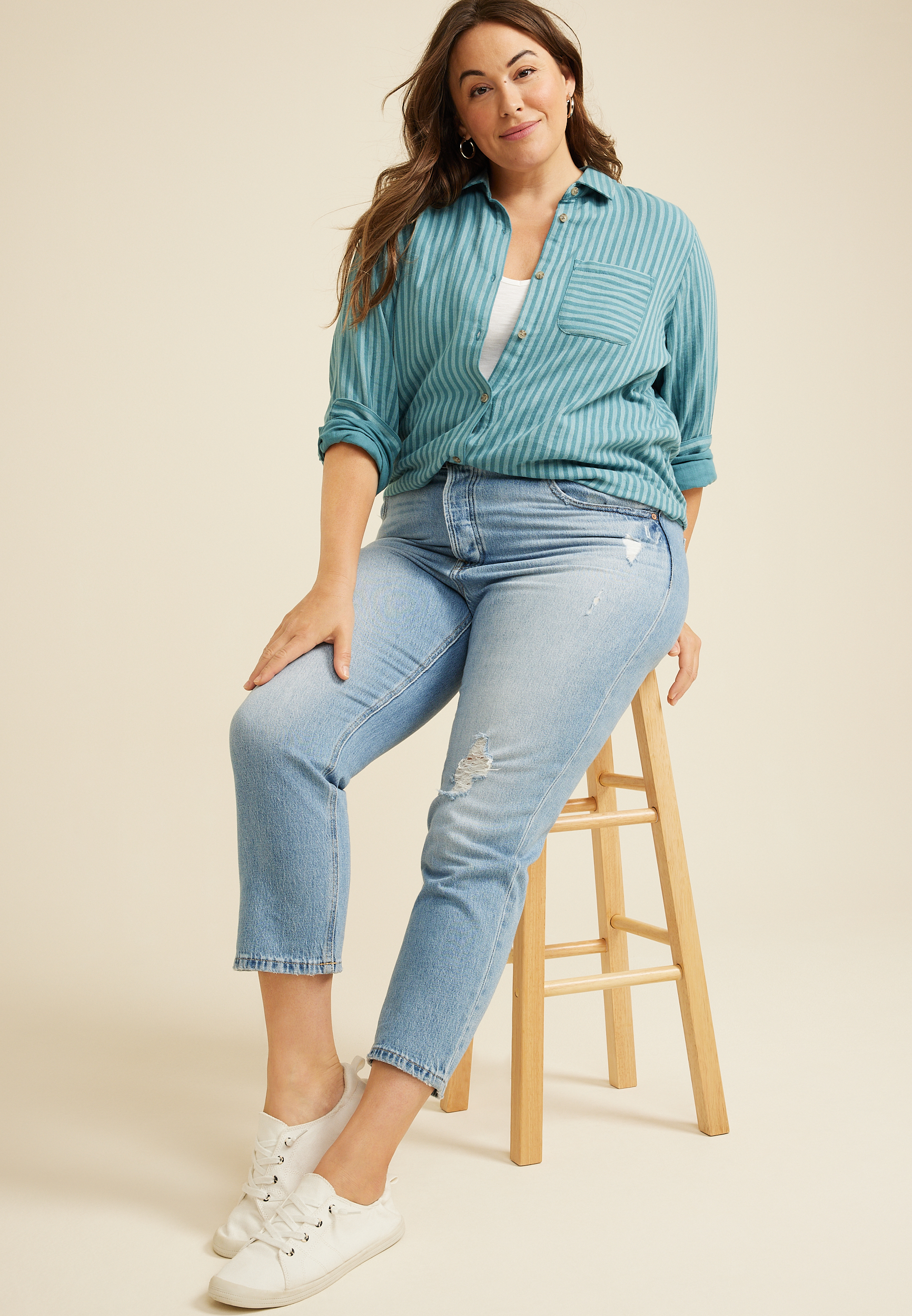Plus Size Teal Striped Double Cloth Button Down Shirt, C5533, large