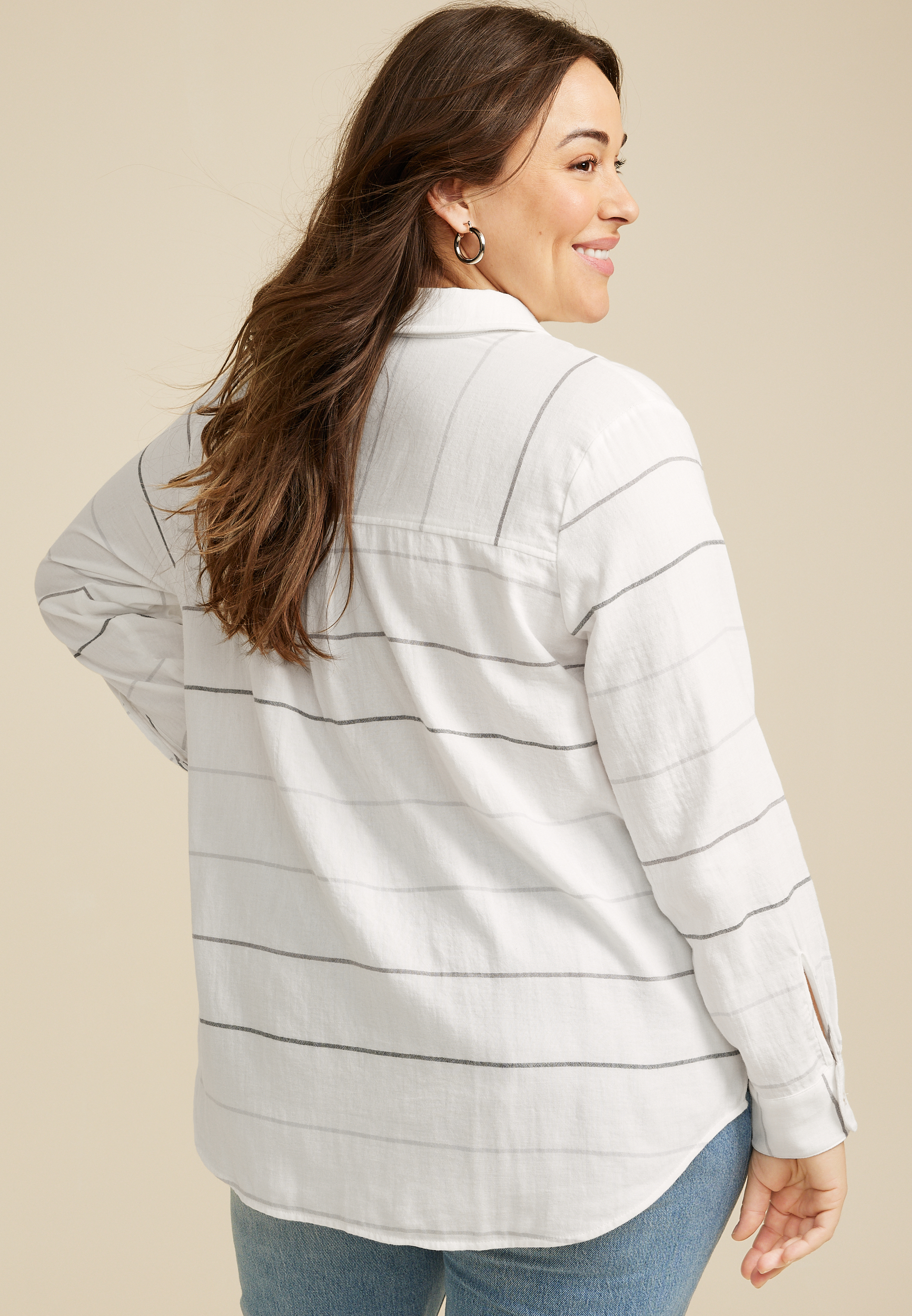 Plus Size Striped Double Cloth Button Down Shirt, C2380, large