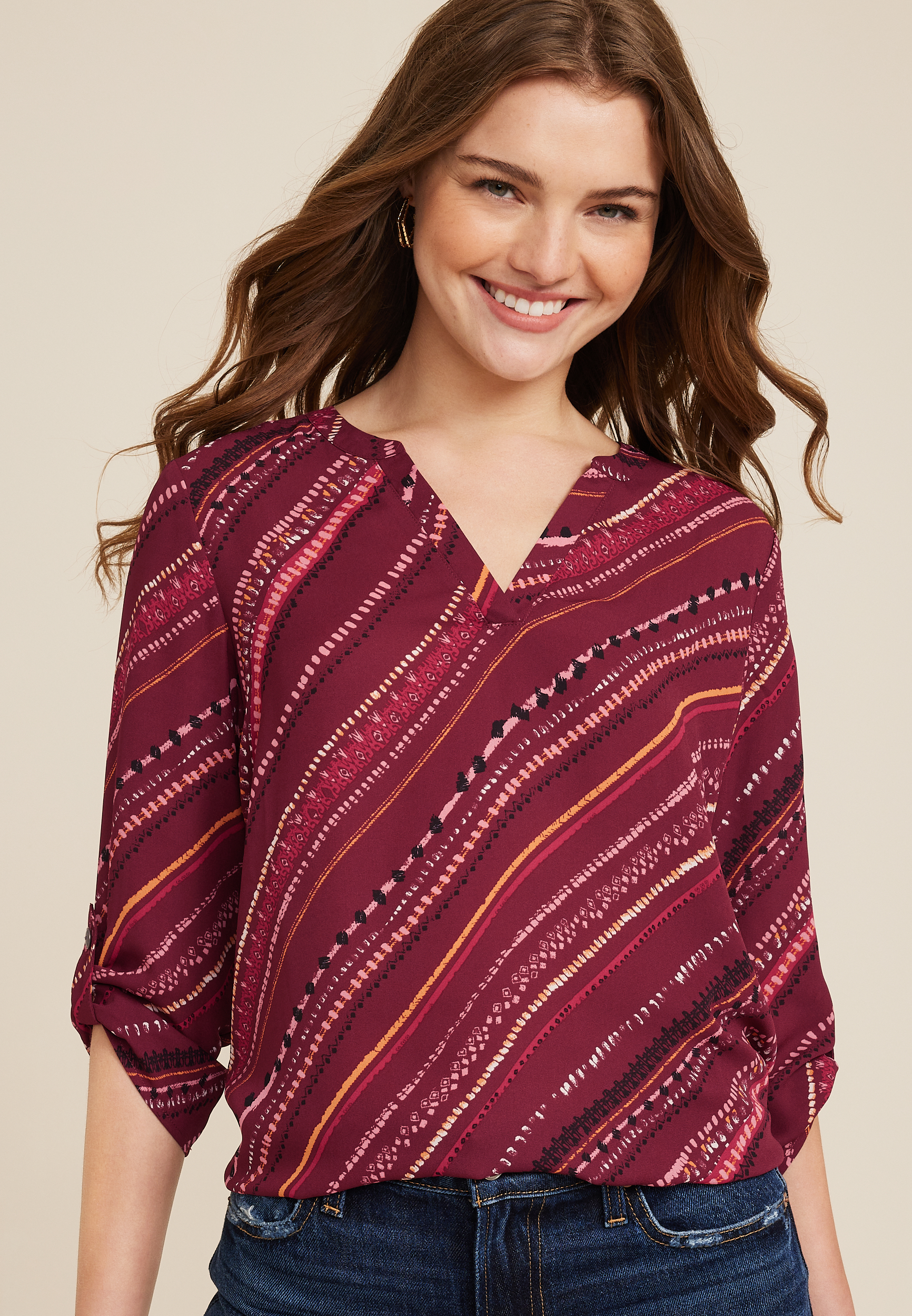 Atwood Geo Striped 3/4 Sleeve Popover Blouse | maurices