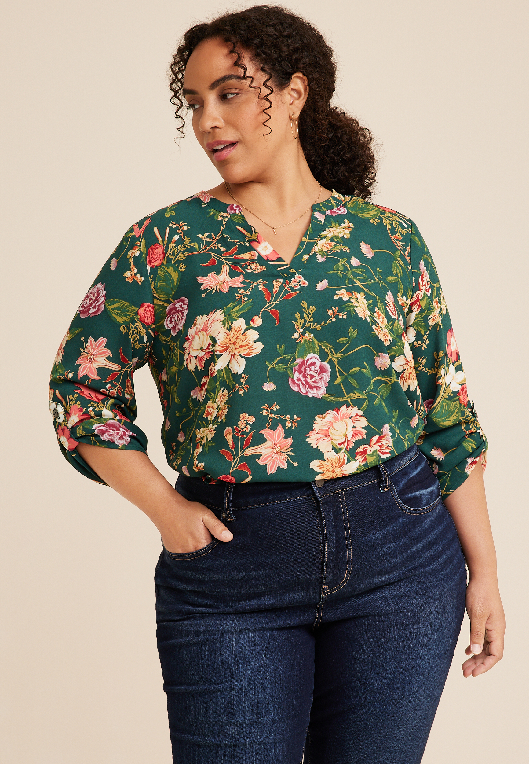 Plus Size Atwood Floral 3/4 Sleeve Popover Blouse | maurices