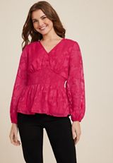 Pink Floral Jacquard Button Front Peplum Blouse, C595, small