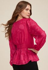 Pink Floral Jacquard Button Front Peplum Blouse, C595, small