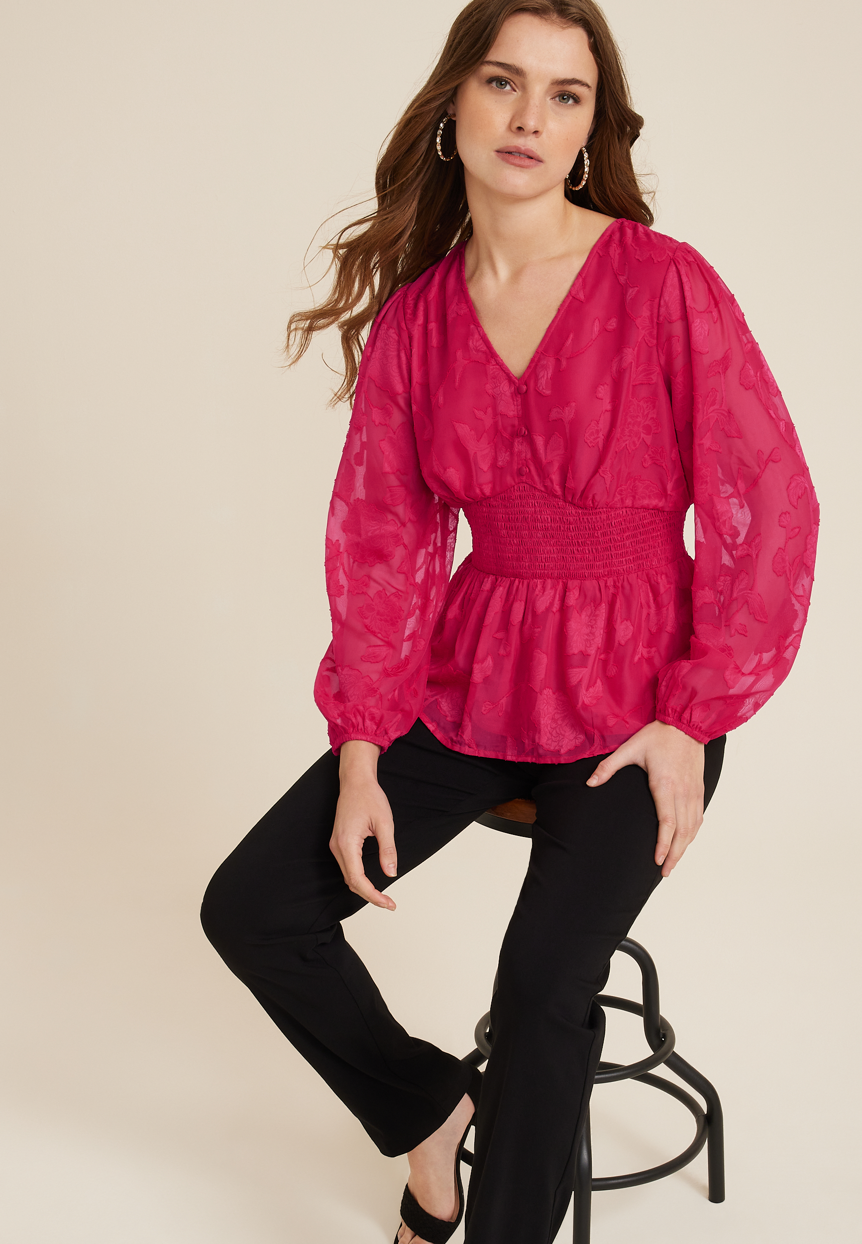 Pink Floral Jacquard Button Front Peplum Blouse, C595, large