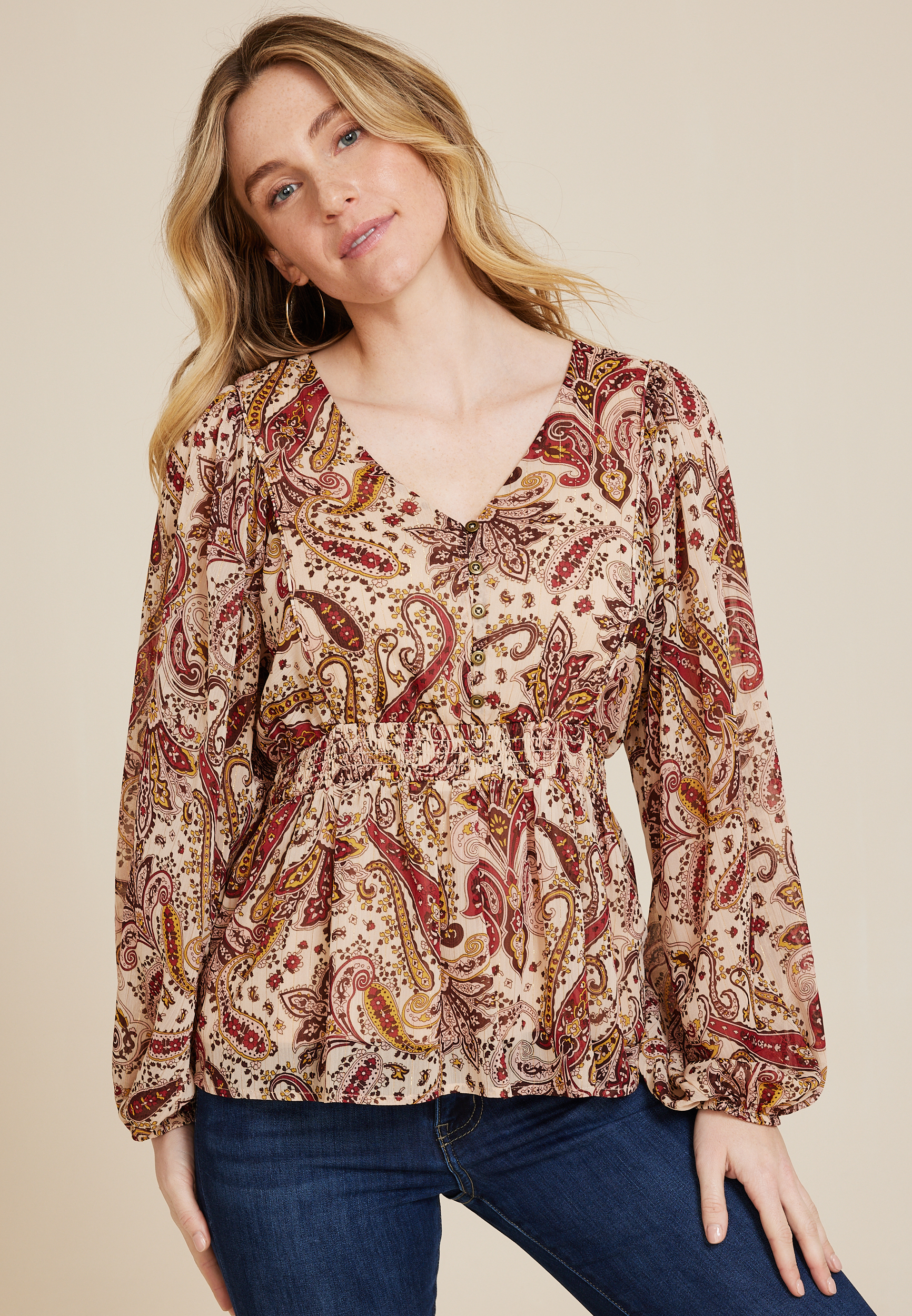 Paisley Smocked Peplum Blouse