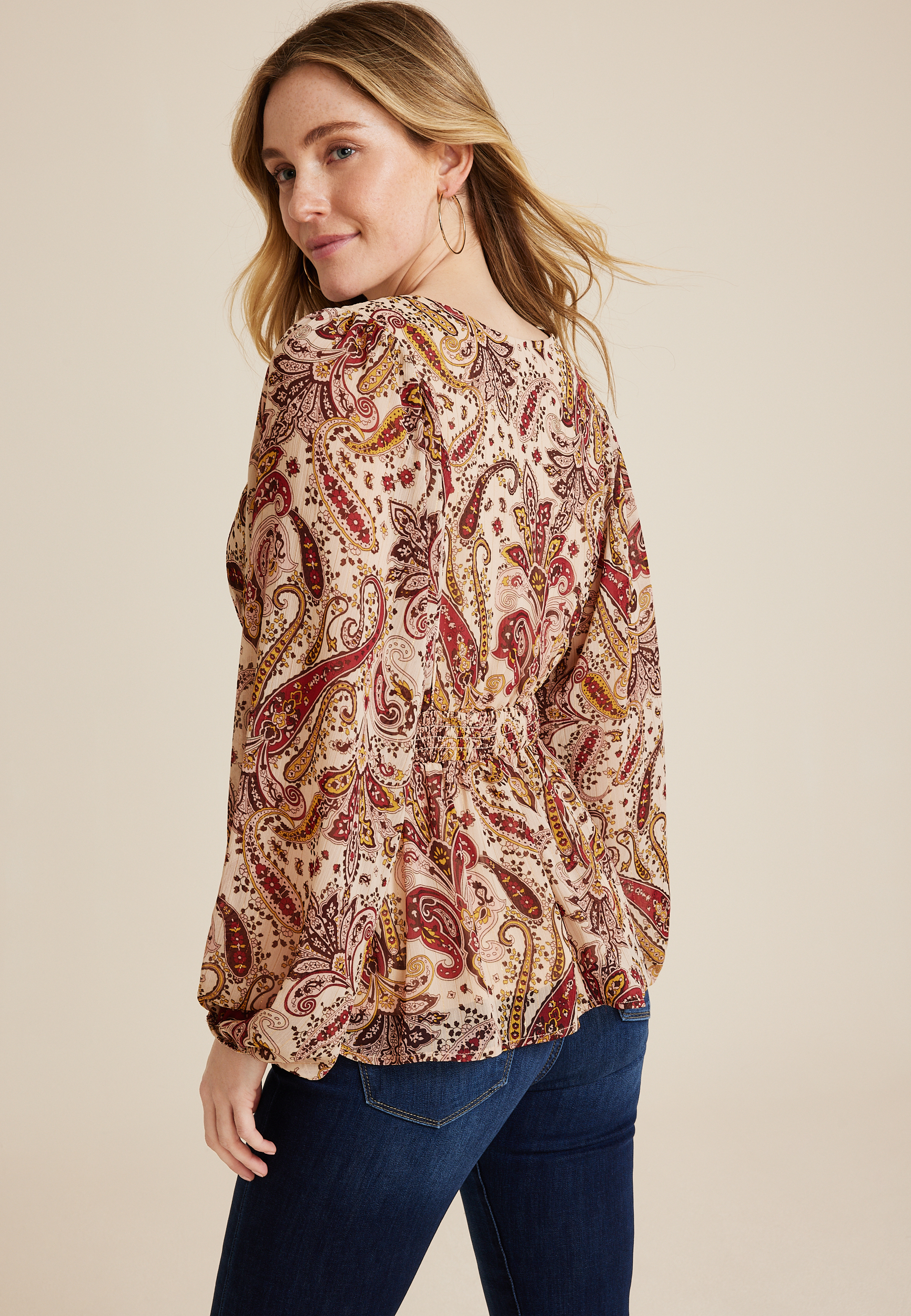 Paisley Smocked Peplum Blouse, MULTI, large