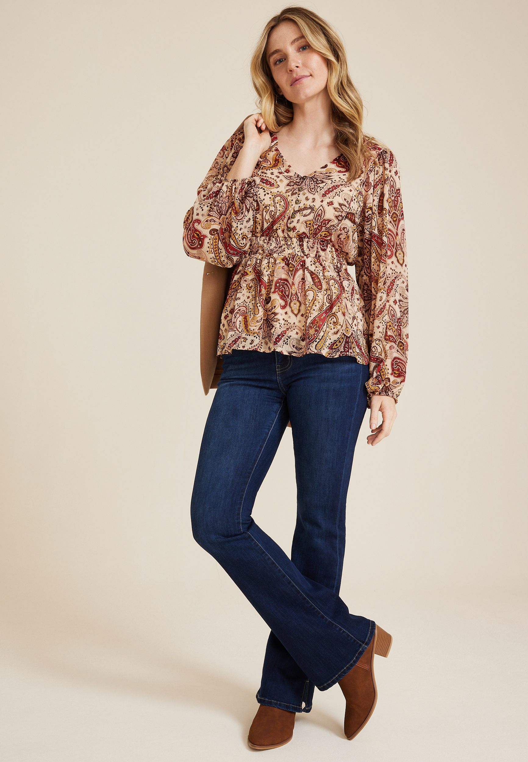 Paisley Smocked Peplum Blouse, MULTI, large