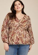 Plus Size Paisley Smocked Peplum Blouse, MULTI, small