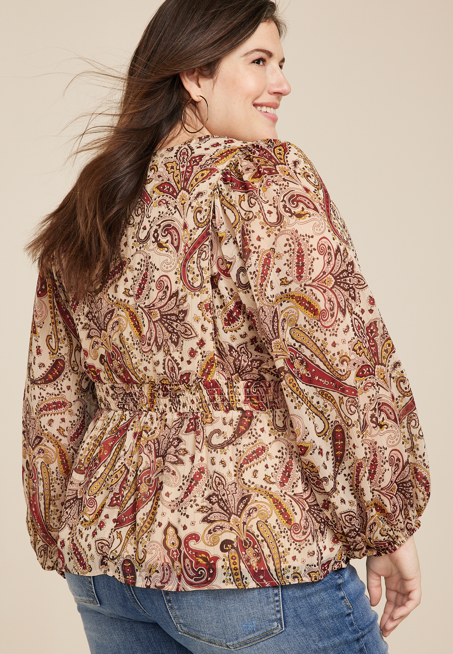 Plus Size Paisley Smocked Peplum Blouse, MULTI, large