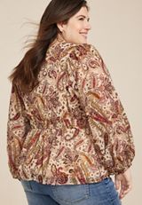 Plus Size Paisley Smocked Peplum Blouse, MULTI, small