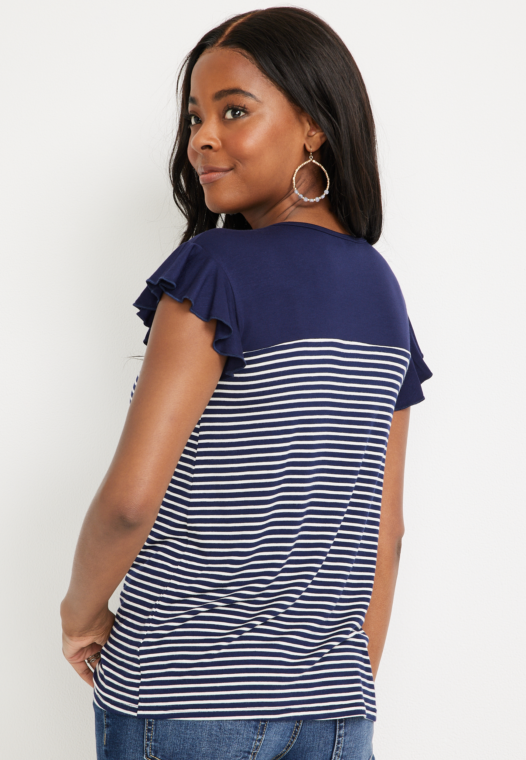 Blue Striped Flutter Sleeve Top, C1769, large